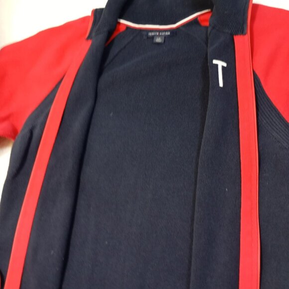 Tommy Hilfiger Sweater TH Logo  Red & Navy Full-Zip Striped Cuffs Size L/G - Picture 3 of 8